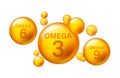 Omega 3,6,9 gold icon set. Vitamin drop pill capsule. Shining golden essence droplet. Beauty treatment nutrition skin