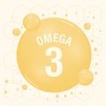 Omega 3 gold icon. Vitamin drop pill capsule. Shining golden essence droplet. Vector illustration