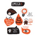 Omega 3 healthy benefits. Funny hand drawn infographic s. Made in vector.