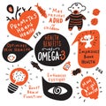 Omega 3 healthy benefits. Funny hand drawn poster. Made in vector.