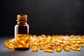 Omega-3 pills in a bottle. Amber Bottle and Omega-3 Capsules on a Dark Surface. Nutritional Omega-3 Vitamin Pills and Brown glass Royalty Free Stock Photo