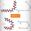 Omega-6, polyunsaturated fatty acids. Linoleic acid LA, gamma-linolenic acid GLA molecule. Structural chemical formula and