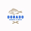 Omega 3 Rich Dorado Fish Abstract Vector Sign, Symbol or Logo Template. Hand Drawn Sketch Dorada with Modern Typography