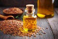 Omega 3 rich Golden Flaxseed Oil in Glass Bottles with Seeds, wooden table. Natural supplements for healthy eating. Linseed oil in