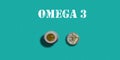 omega 3 rubber stamp on a blue background and pills fish oil tab