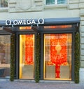 Omega store on Bahnhofstrasse street in Zurich decorated for Christmas