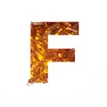 Omega supplement. Letter F of alphabet of oil fish pills and paper cut isolated on white. Golden typeface for pharmacy