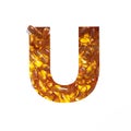 Omega supplement. Letter U of alphabet of oil fish pills and paper cut isolated on white. Golden typeface for pharmacy