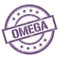 OMEGA text written on purple violet vintage stamp