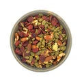Omega 3 trail mix in an old stoneware bowl Royalty Free Stock Photo
