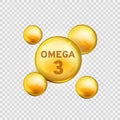 Omega 3. Vitamin drop, fish oil capsule, gold essence organic nutrition. Skin care advertising realistic vector product