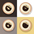 Coffee cup top view set vector isolated. Menu restraurant, cafe, coffee shop. Drawing coffee foam.