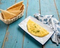 Omelet with bread served in a dish side view of breakfast isolared on wooden table