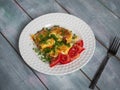 Omelet with chopped tomatoes and herbs on a white plate with a fork Royalty Free Stock Photo