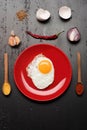 Omelet and eggshells, garlic, chili pepper and onion placed around Royalty Free Stock Photo