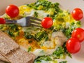 Omelet with greens, cherry tomatoes, bread grains Royalty Free Stock Photo