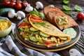 Omelet with pepper, tomato, corn, green onion, cucumber, mushrooms and fried bread Royalty Free Stock Photo