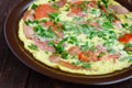Omelet with sausage and fresh tomatoes and herbs on a clay plate Royalty Free Stock Photo