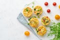 Omelet with tomatoes and bacon, baked eggs with spinach and broccoli, top view with copy space, keto, ketogenic diet Royalty Free Stock Photo