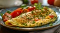 An omelet with tomatoes and herbs on a blue plate, AI Royalty Free Stock Photo