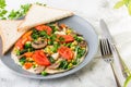 Omelet with vagetable, tomatoes, mushrooms,green beans, pease, corn, sourdough toast isolated on white marble background. Homemade