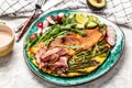 Omelette asparagus, fried egg, avocado, arugula, bacon ham and cheese. Ketogenic diet. Low carb high fat breakfast. Healthy food Royalty Free Stock Photo