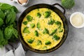 Omelette with broccoli, cheese and fresh basil on a dark cast iron pan on a gray concrete background. Healthy breakfast