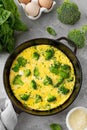 Omelette with broccoli, cheese and fresh basil on a dark cast iron pan on a gray concrete background. Healthy breakfast