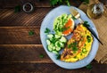 Omelette with forest mushroom, fusilli pasta and sandwich wich red caviar, avocado Royalty Free Stock Photo
