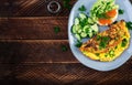 Omelette with forest mushroom, fusilli pasta and sandwich wich red caviar, avocado Royalty Free Stock Photo