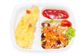 Omelette With Fresk Salad In White Plastic Box.