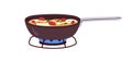 Omelette in frying pan, cook process in skillet. Cooking breakfast dish with vegetables on gas stove, cooker with