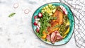 Omelette with green vegetables asparagus, avocado, arugula, bacon ham and cheese. Keto breakfast. banner, menu recipe place for Royalty Free Stock Photo