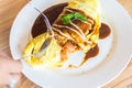 Omelette rice omurice in spoon with white dish japanese food Royalty Free Stock Photo