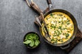 Omelette with spinach and cheese in a pan top view Royalty Free Stock Photo