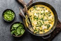 Omelette with spinach and cheese in a pan top view
