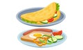 Omelette with Vegetables and Toast with Scrambled Egg as Tasty Dishes Served on Plate Vector Set