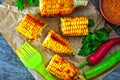 ÃÂomemade corn baked with chilli sauce. Baked corn with chili sauce. Royalty Free Stock Photo