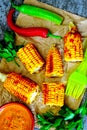 ÃÂomemade corn baked with chilli sauce. Baked corn with chili sauce. Royalty Free Stock Photo