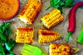 ÃÂomemade corn baked with chilli sauce. Baked corn with chili sauce. Royalty Free Stock Photo