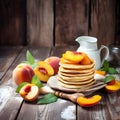 omemade pancake with peach fruit on wooden backgrounds