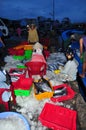 Omen workers are collecting and sorting fisheries into baskets after a long day fishing in the Hon Ro seaport, Nha Trang city Royalty Free Stock Photo