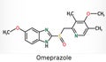 Omeprazole, C17H19N3O3S molecule. It is used to treat gastric acid-related disorders, peptic ulcer disease, gastroesophageal