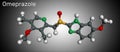 Omeprazole, C17H19N3O3S molecule. It is used to treat gastric acid-related disorders, peptic ulcer disease, gastroesophageal