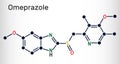 Omeprazole, C17H19N3O3S molecule. It is used to treat gastric acid-related disorders, peptic ulcer disease, gastroesophageal