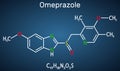 Omeprazole, C17H19N3O3S molecule. It is used to treat gastric acid-related disorders, peptic ulcer disease, gastroesophageal
