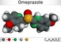 Omeprazole, C17H19N3O3S molecule. It is used to treat gastric acid-related disorders, peptic ulcer disease, gastroesophageal