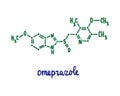 Omeprozole hand drawn vector formula chemical structure lettering blue green Royalty Free Stock Photo