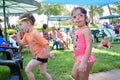 Omer (Beer-Sheva), ISRAEL -Boy and girl in swimming goggles with other children near the pool, July 25, 2015 Royalty Free Stock Photo