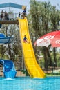 Omer, ISRAEL - July 25, 2015 in Israel Children walk down the yellow water slides in the outdoor pool